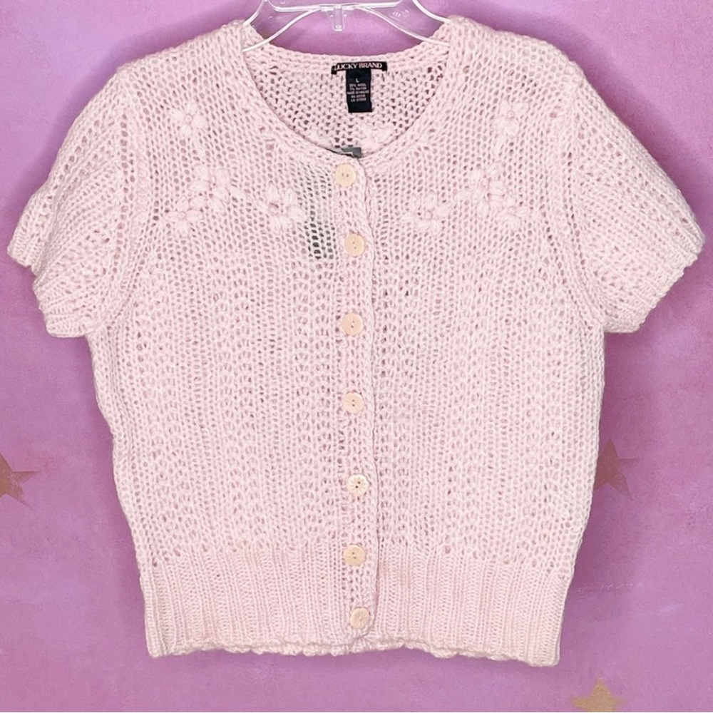 Lucky Brand 90S Pink Cropped Cardigan Flower Buttons Floral Knit Large NWT
